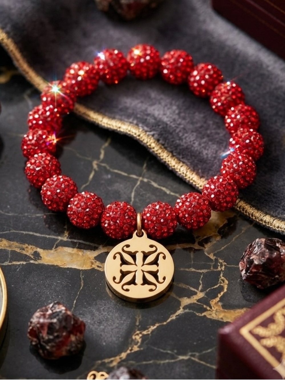 Rustic Cuff red Shamballa beaded stretch bracelet with a logo charm 2542